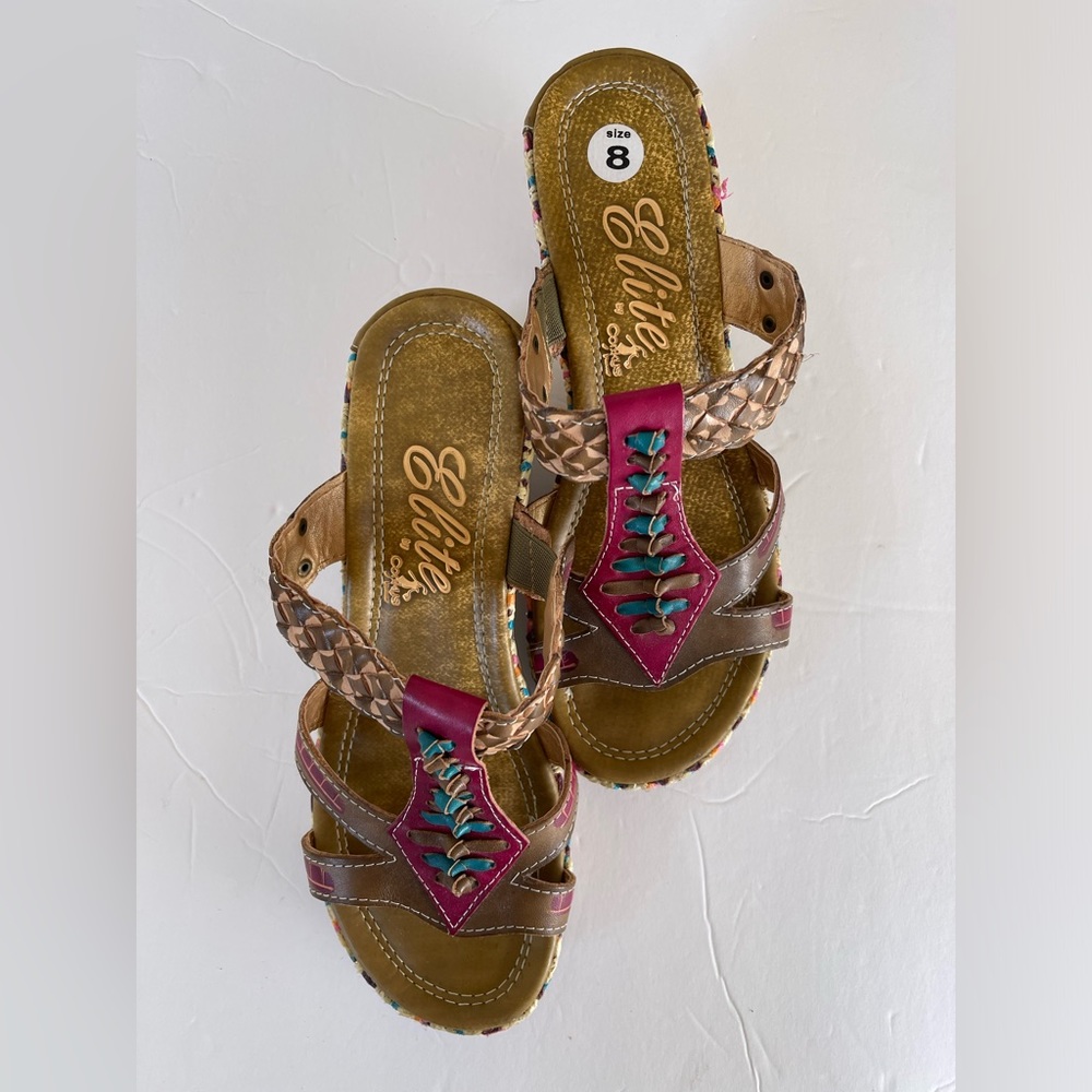 ELITE By CORKYS Sandals Heels Brown Multi Color Pink Slip On Rest Women’s 8
